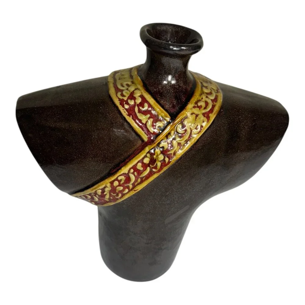 Vintage Kimono-Inspired Ceramic Abstract Vase W/ Ornate Red & Gold Detailing 12”